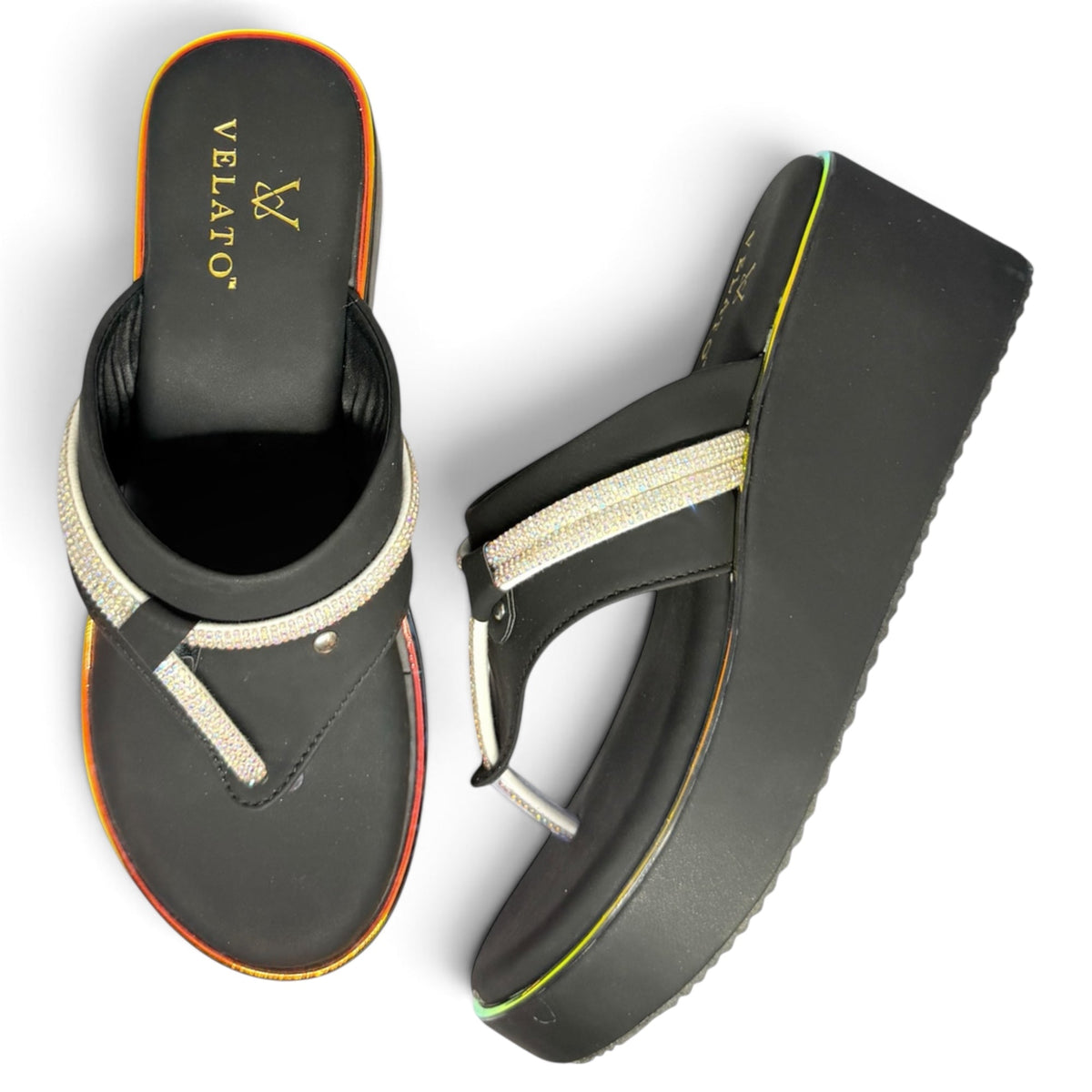 VELATO Crystal Strap Thong Platform Wedge